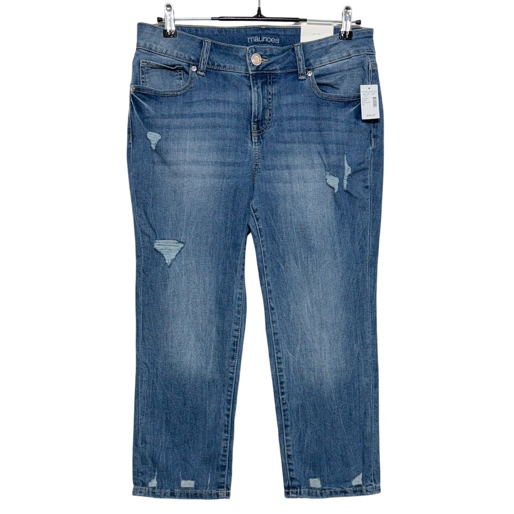 NEW Maurices Jeans Womens 10 32X23 Blue Mid Rise Distressed Stretch Crop Capris